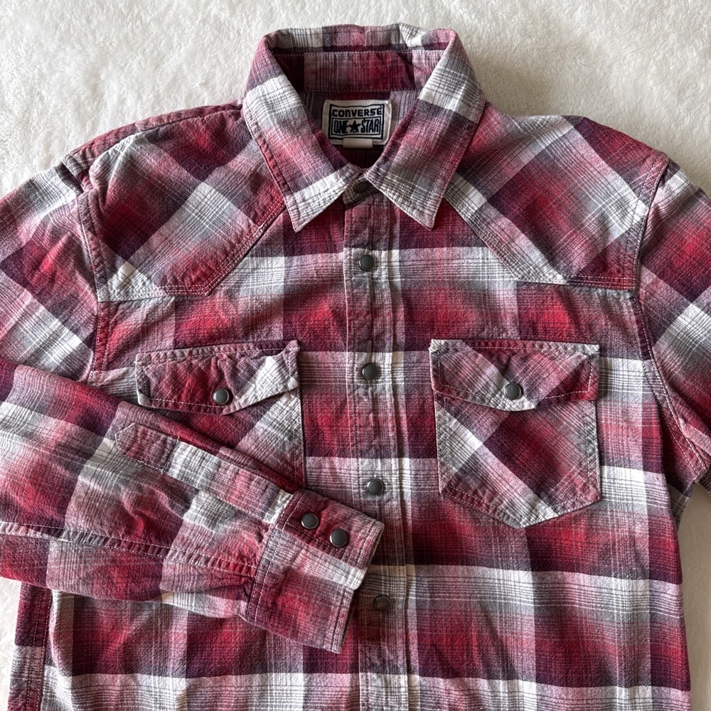 Converse One Star Pearl Snap Men's Size Small Red Snap Flannel Long Sleeve Shirt